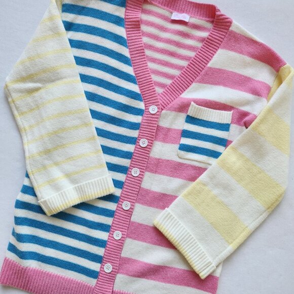 Pink Lily Sweaters - Pink Lily Striped Button-Front Cardigan Sweater Preppy Coastal Beachy Soft Cozy